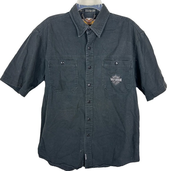 Harley Davidson Black Short Sleeve Biker Button Front Polo L - Picture 1 of 4